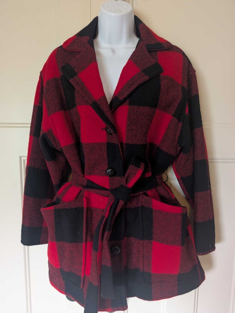 Woolrich Vintage Red & Black Plaid Belted Pea Coat